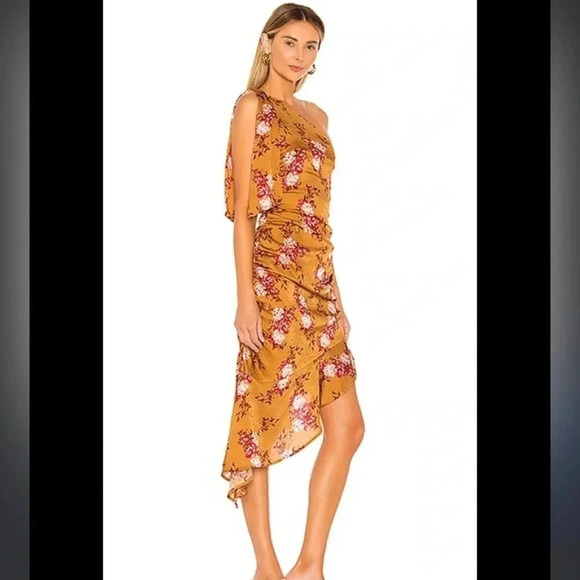 Revolve Majorelle Princeton tan floral one shoulder dress